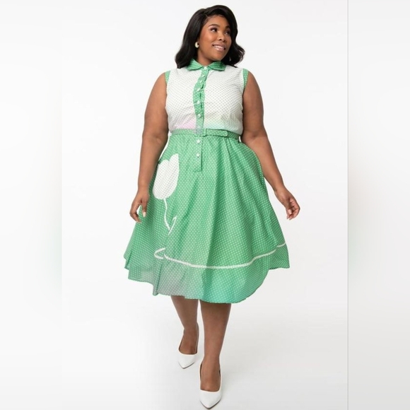 Unique Vintage Bethany Swing Dress in Green and White Polka Dots, Size 3X/20 - Picture 3 of 6